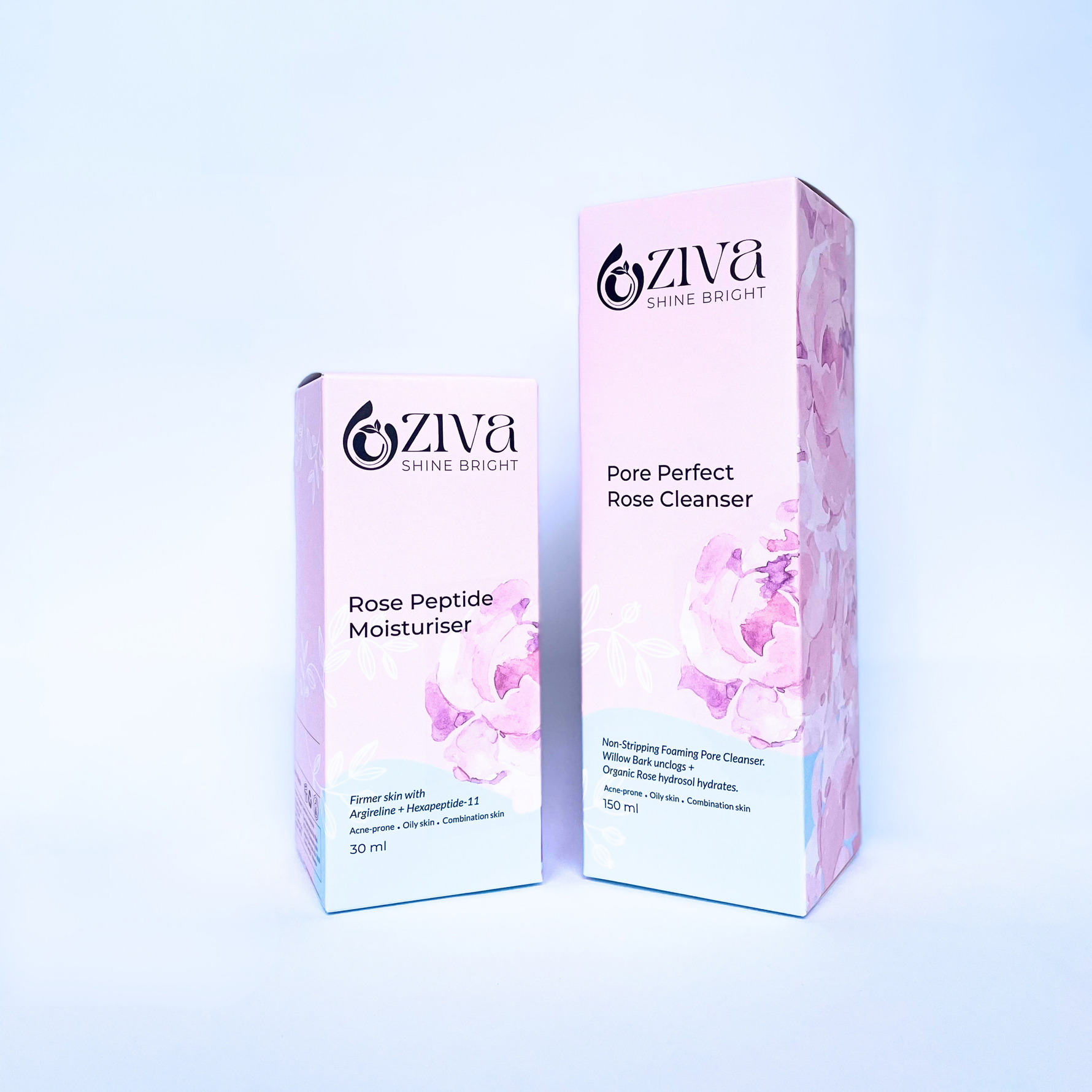 Ziva Beauty natural skincare collection — PorePerfect Cleanser Rose Peptide Moisturiser Dual Pack Travel Pack melanin-rich skin
