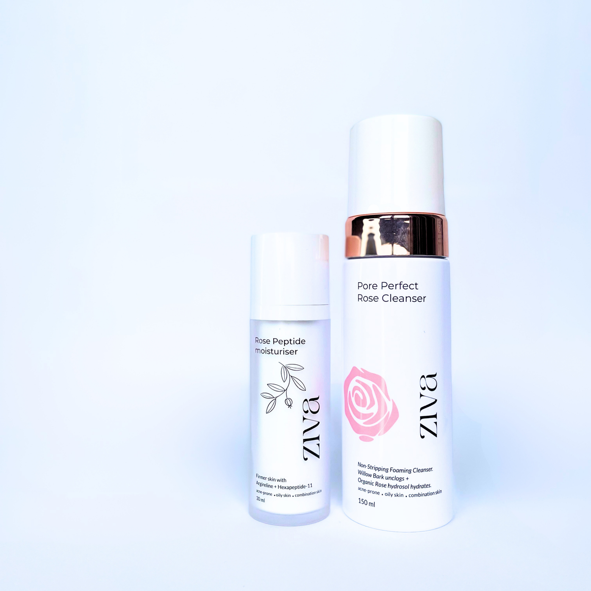 Ziva Beauty Dual Pack — PorePerfect Rose Cleanser and Rose Peptide Moisturiser large size for melanin-rich skin Malaysia Singapore